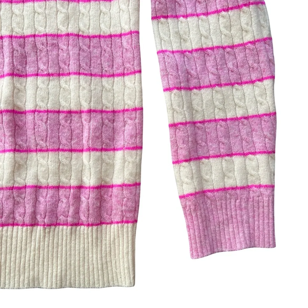 J.Crew Cable-knit Cashmere Crewneck Sweater Pink White Stripe Shoulder Buttons M - Picture 6 of 8